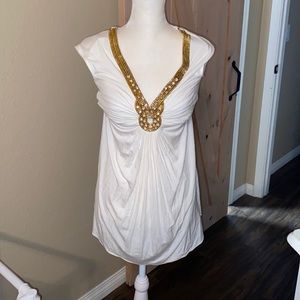 Sky white short dress with neck embellishment